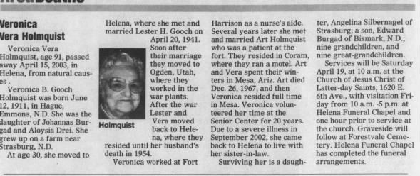 Obituary for Veronica Vera Holmquist, 1911-2003 (Aged 30)